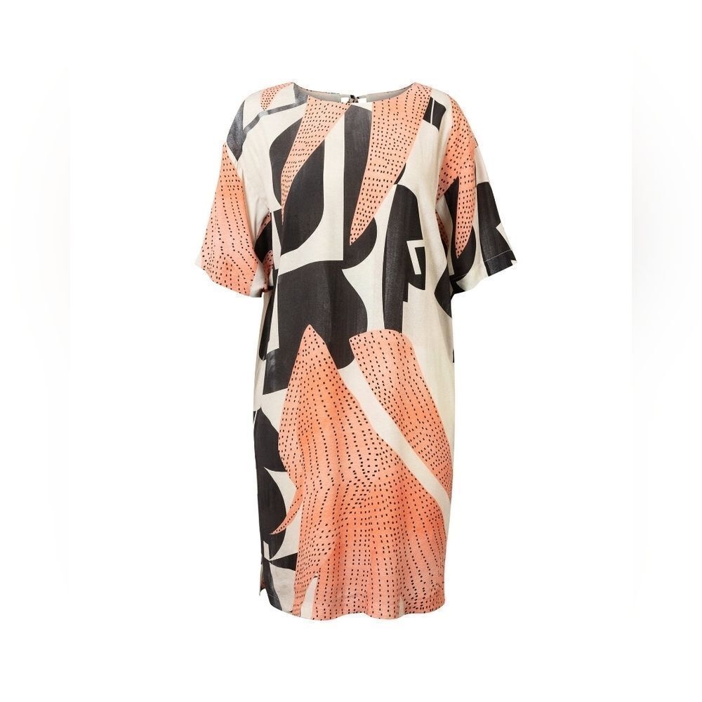 Oliver Bonas Block Print Tunic Dress Short Sleeve Knee Length Pink Black Size 12